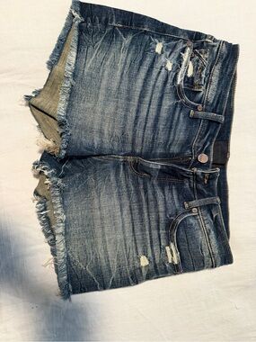 Buckle Distressed Dark Blue Denim Jean Shorts